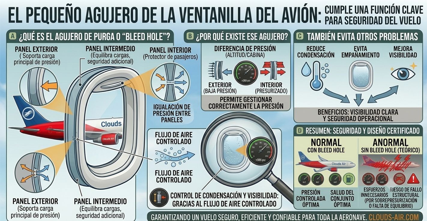 El pequeño agujero de la ventanilla del avión que cumple una función clave para la seguridad del vuelo