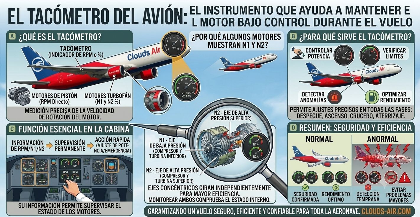 El tacómetro del avión el instrumento que ayuda a mantener el motor bajo control durante el vuelo