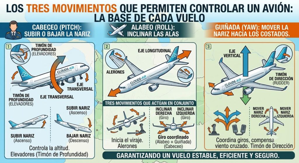 Los tres movimientos que permiten controlar un avión la base de cada vuelo