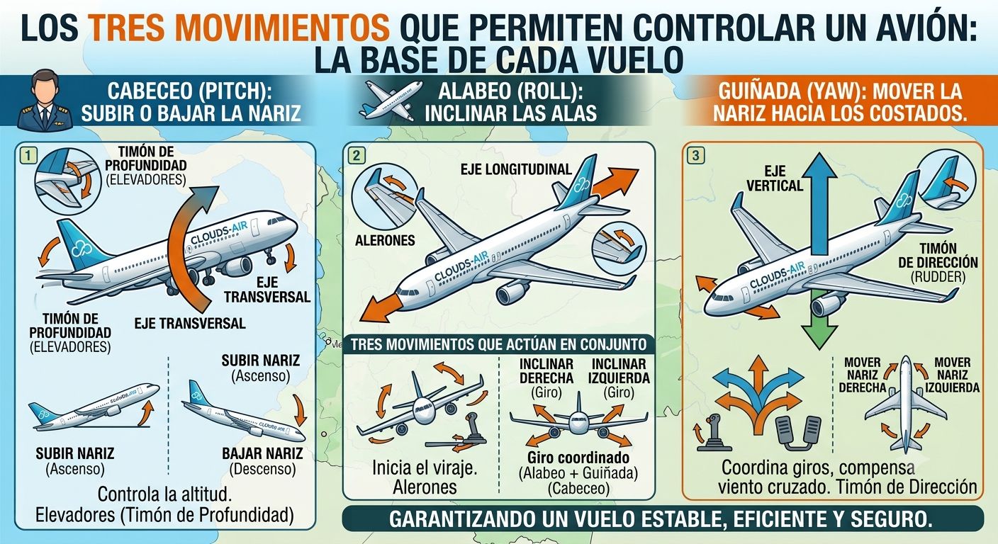 Los tres movimientos que permiten controlar un avión la base de cada vuelo
