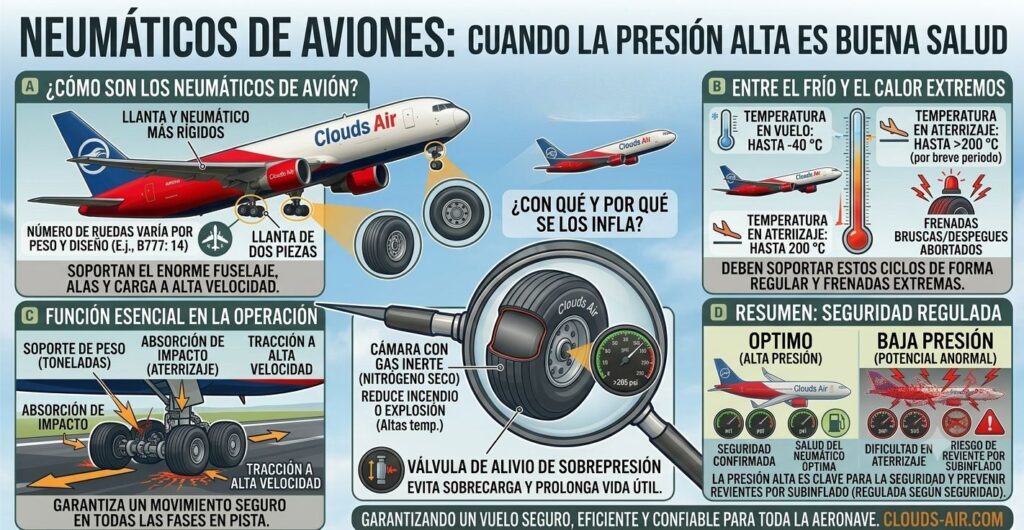 Neumáticos de aviones cuando la presión alta es buena salud