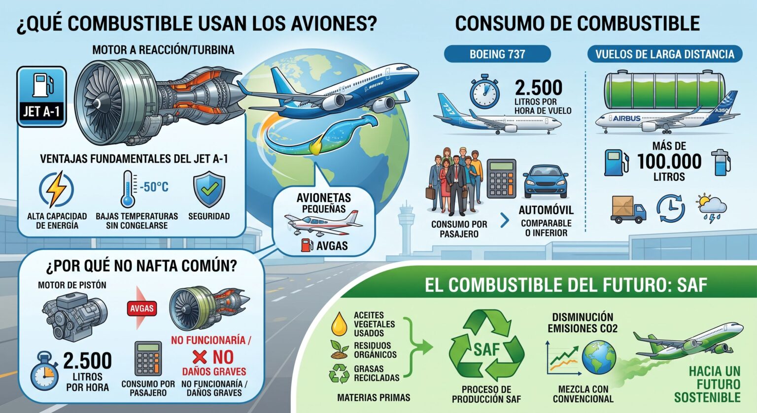 Qué combustible usan los aviones y por qué no pueden cargar nafta común