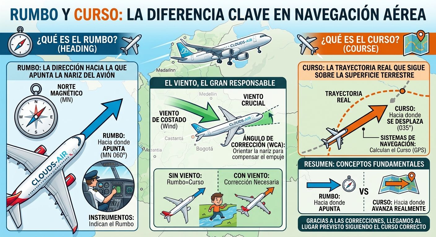 Rumbo y curso la diferencia clave que todo pasajero debería conocer sobre cómo vuela un avión