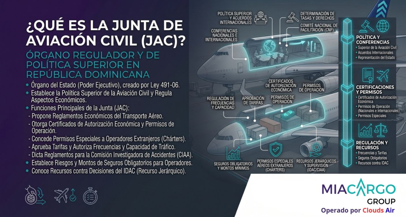 La Junta de Aviación Civil de la República Dominicana (JAC) es el órgano del Estado dominicano, dependiente del Poder Ejecutivo, creado mediante la Ley No. 491-06, de Aviación Civil de la República Dominicana, y sus modificaciones. Su responsabilidad es establecer la política superior de la aviación civil y regular los aspectos económicos, aplicando las normas y reglamentos en las áreas de su competencia. Las funciones principales que desempeña la Junta de Aviación Civil (JAC) son: • Proponer al Poder Ejecutivo la adopción de los reglamentos relacionados con los aspectos económicos del transporte aéreo. Dictar y modificar las resoluciones sobre asuntos de su competencia. Recomendar al Poder Ejecutivo la fijación de Tasas y Derechos. • Dictar y modificar los reglamentos de la Comisión Investigadora de Accidentes de Aviación (CIAA). • Someter a la aprobación final del Poder Ejecutivo, el otorgamiento de los Certificados de Autorización Económica para las empresas nacionales y de los Permisos de Operación para los transportistas. • Establecer los riesgos y los montos mínimos que deben estar asegurados en forma obligatoria por los operadores de aeronaves. • Conceder permisos especiales a favor de los operadores aéreos extranjeros que realicen operaciones comerciales internacionales no regulares o chárters. • Aprobar o no, las tarifas de transporte aerocomercial, de conformidad con lo estipulado en los acuerdos de transporte aéreo. • Autorizar y regular la capacidad de tráfico y las frecuencias asignadas al operador aéreo, conforme a los acuerdos del transporte aéreo internacional y velar por el cumplimiento de los estados del Estado Dominicano. • Participar en representación del Estado en conferencias nacionales e internacionales en que se traten aspectos sobre políticas de transporte aéreo. • Proponer al Poder Ejecutivo la integración o modificación del Comité Nacional de Facilitación (CNF). • Conocer los recursos jerárquicos contra las decisiones del IDAC, interpuestos por ante organismo de conformidad con el artículo 150 de Ley Núm.491-06 de Aviación Civil y a la Ley Núm.67-13.