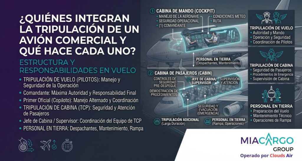 ¿Quiénes integran la tripulación de un avión comercial y qué hace cada uno?