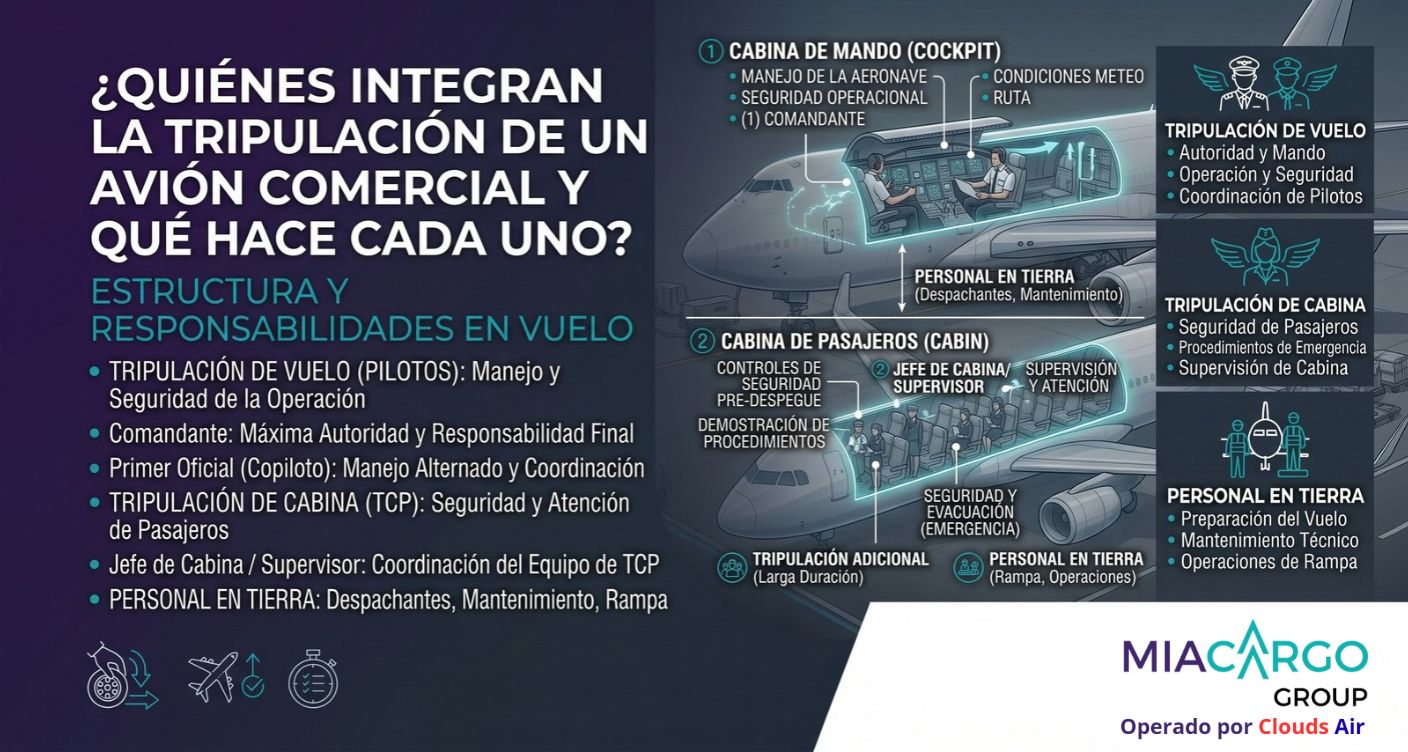 ¿Quiénes integran la tripulación de un avión comercial y qué hace cada uno?