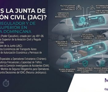 La Junta de Aviación Civil de la República Dominicana (JAC) es el órgano del Estado dominicano, dependiente del Poder Ejecutivo, creado mediante la Ley No. 491-06, de Aviación Civil de la República Dominicana, y sus modificaciones. Su responsabilidad es establecer la política superior de la aviación civil y regular los aspectos económicos, aplicando las normas y reglamentos en las áreas de su competencia. Las funciones principales que desempeña la Junta de Aviación Civil (JAC) son: • Proponer al Poder Ejecutivo la adopción de los reglamentos relacionados con los aspectos económicos del transporte aéreo. Dictar y modificar las resoluciones sobre asuntos de su competencia. Recomendar al Poder Ejecutivo la fijación de Tasas y Derechos. • Dictar y modificar los reglamentos de la Comisión Investigadora de Accidentes de Aviación (CIAA). • Someter a la aprobación final del Poder Ejecutivo, el otorgamiento de los Certificados de Autorización Económica para las empresas nacionales y de los Permisos de Operación para los transportistas. • Establecer los riesgos y los montos mínimos que deben estar asegurados en forma obligatoria por los operadores de aeronaves. • Conceder permisos especiales a favor de los operadores aéreos extranjeros que realicen operaciones comerciales internacionales no regulares o chárters. • Aprobar o no, las tarifas de transporte aerocomercial, de conformidad con lo estipulado en los acuerdos de transporte aéreo. • Autorizar y regular la capacidad de tráfico y las frecuencias asignadas al operador aéreo, conforme a los acuerdos del transporte aéreo internacional y velar por el cumplimiento de los estados del Estado Dominicano. • Participar en representación del Estado en conferencias nacionales e internacionales en que se traten aspectos sobre políticas de transporte aéreo. • Proponer al Poder Ejecutivo la integración o modificación del Comité Nacional de Facilitación (CNF). • Conocer los recursos jerárquicos contra las decisiones del IDAC, interpuestos por ante organismo de conformidad con el artículo 150 de Ley Núm.491-06 de Aviación Civil y a la Ley Núm.67-13.